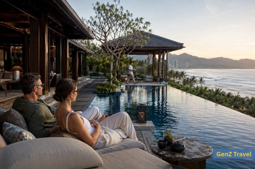 Couple relaxing beside an infinity pool at a luxury beachfront resort in Vietnam