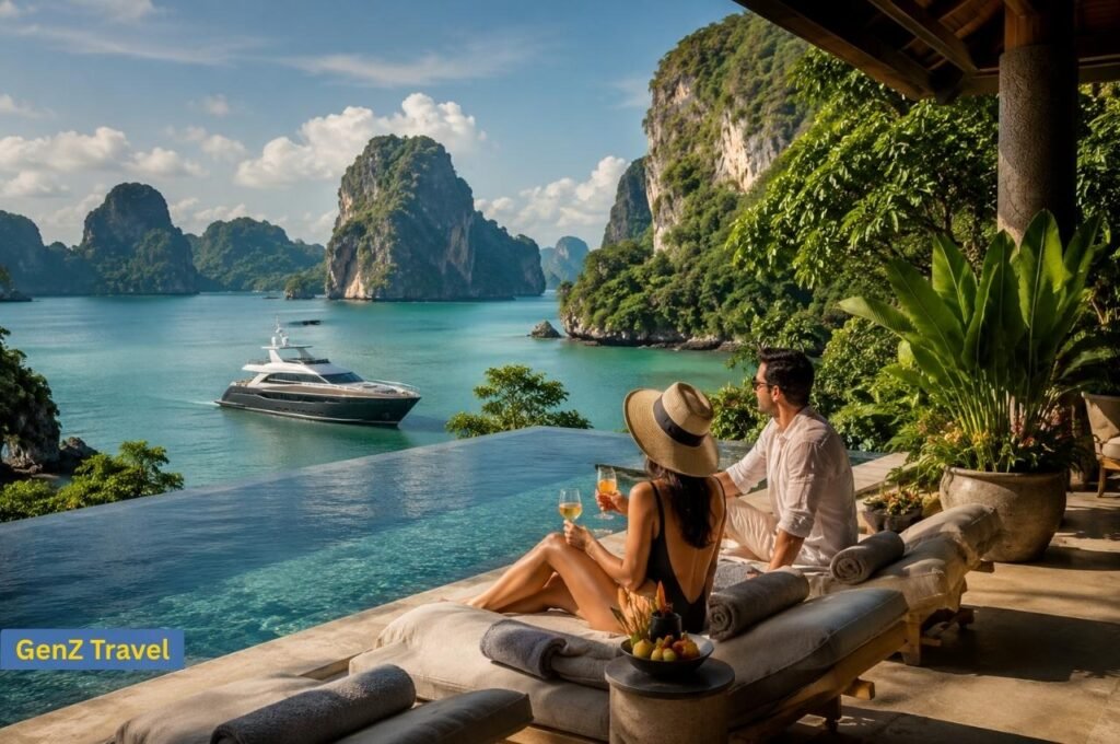 Luxury couple relaxing at an infinity pool overlooking Phang Nga Bay in Thailand with a private yacht and limestone islands