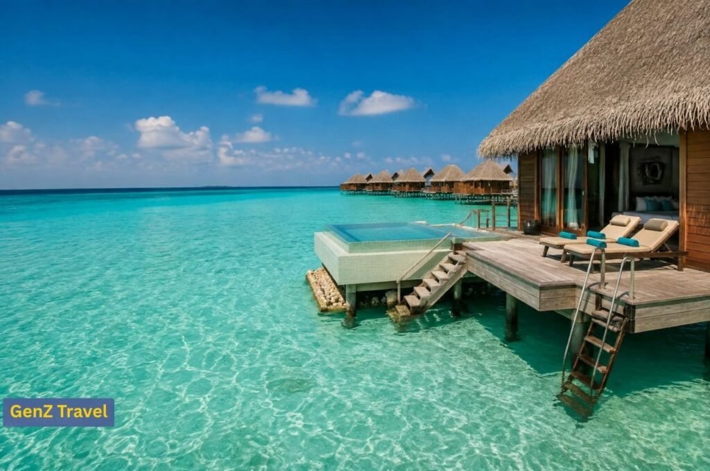 Maldives overwater villa with a private pool and clear turquoise lagoon