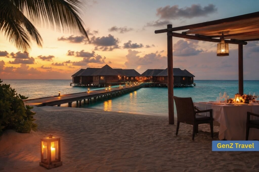 Romantic candlelit beach dinner beside overwater villas at a Maldives resort during sunset