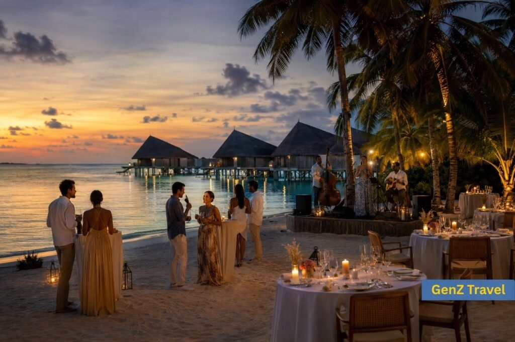 Guests enjoying a Maldives New Year’s Eve beach gala with live music, dining and sunset views