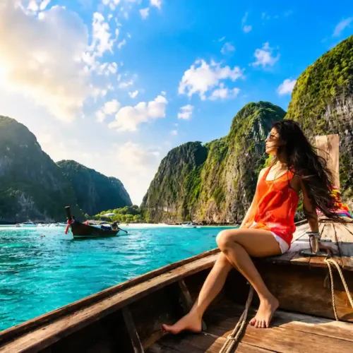 Aerial morning view of Phuket beach with turquoise water, sandy coastline and tropical landscapes in Thailand
