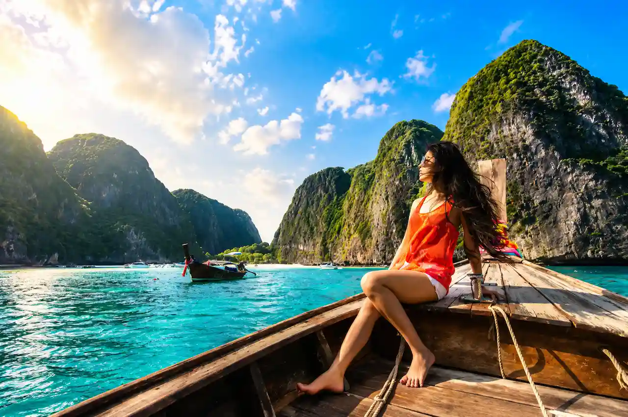Aerial morning view of Phuket beach with turquoise water, sandy coastline and tropical landscapes in Thailand