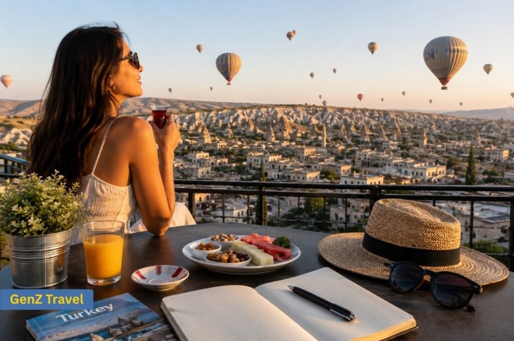 Female traveller planning a Turkey trip from a Cappadocia terrace with hot air balloons