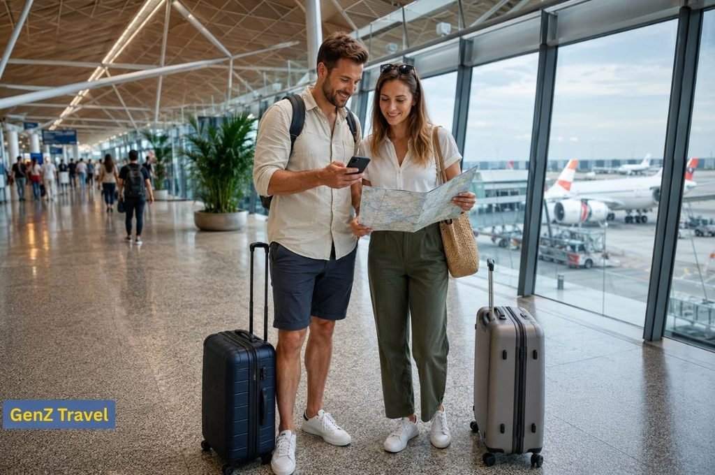 Couple planning a multi-centre Malaysia holiday at Kuala Lumpur airport
