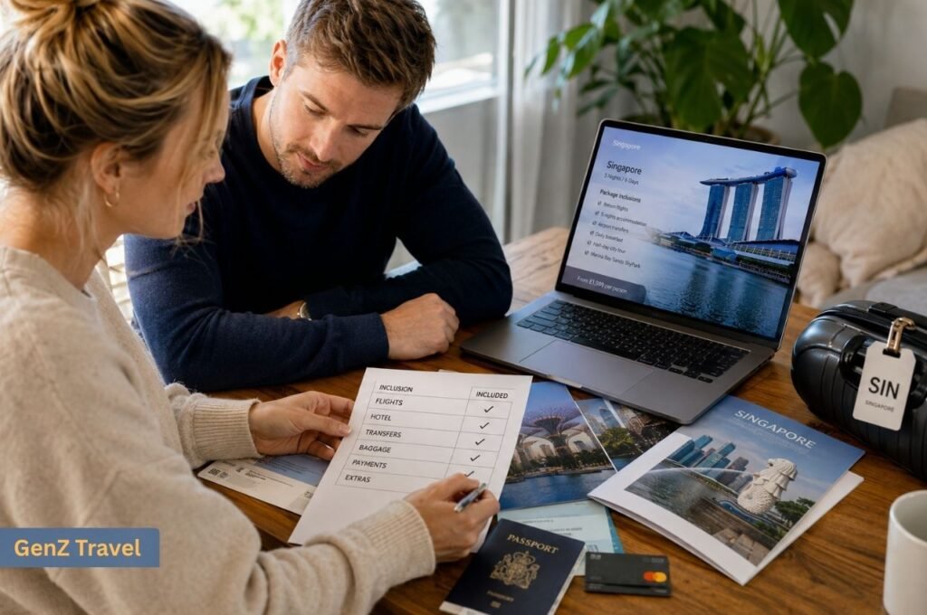 Couple comparing flights, hotel, baggage, transfers and other inclusions for a Singapore holiday package.