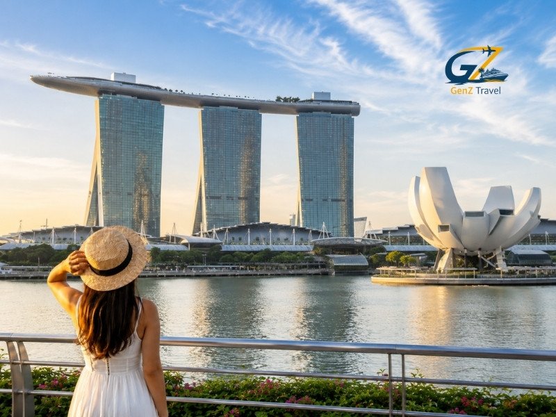 Where to stay in Singapore with Marina Bay Sands and a traveller overlooking the waterfront