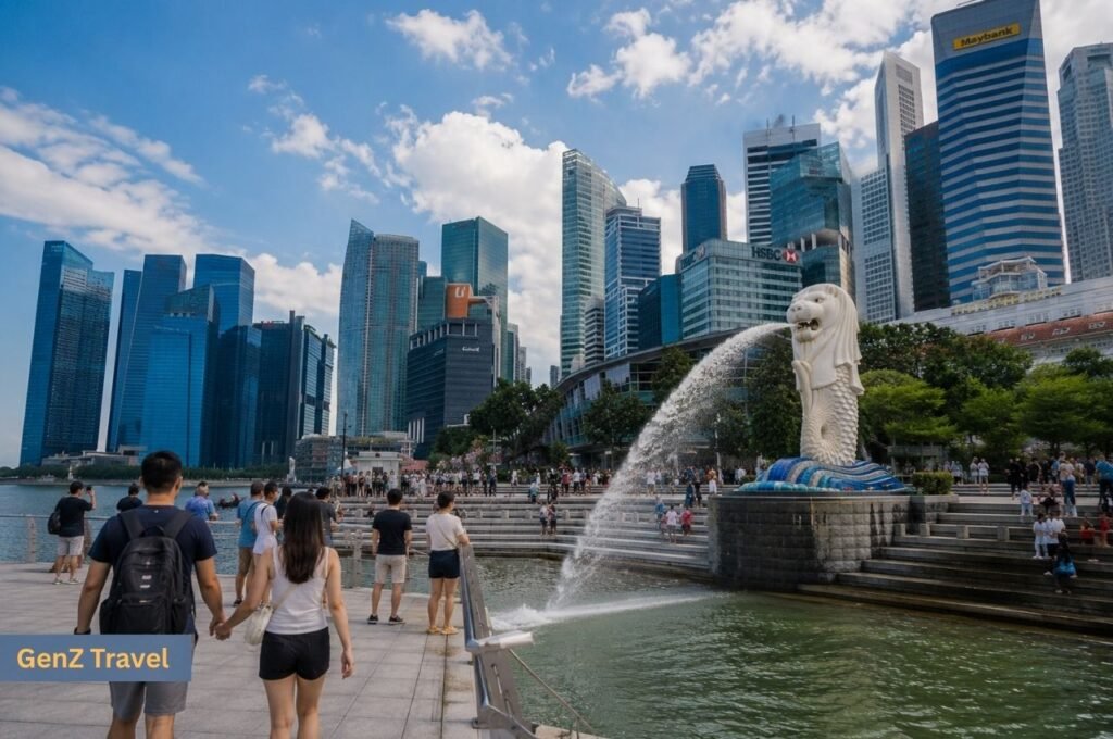 Tourists visiting the Merlion at Marina Bay with Singapore’s modern city skyline in the background.