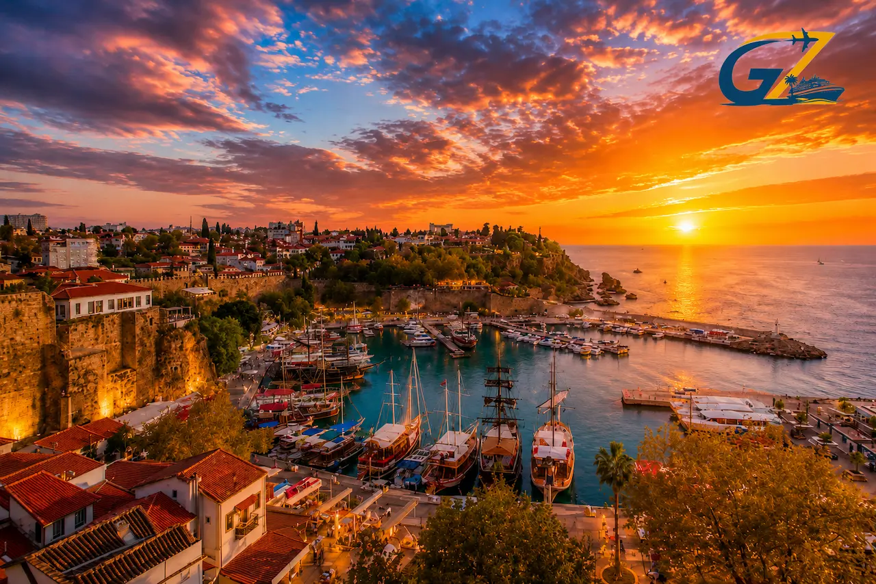 Kaleiçi Old Harbour at sunset, one of the best things to do in Antalya Turkey, with boats and historic city walls.