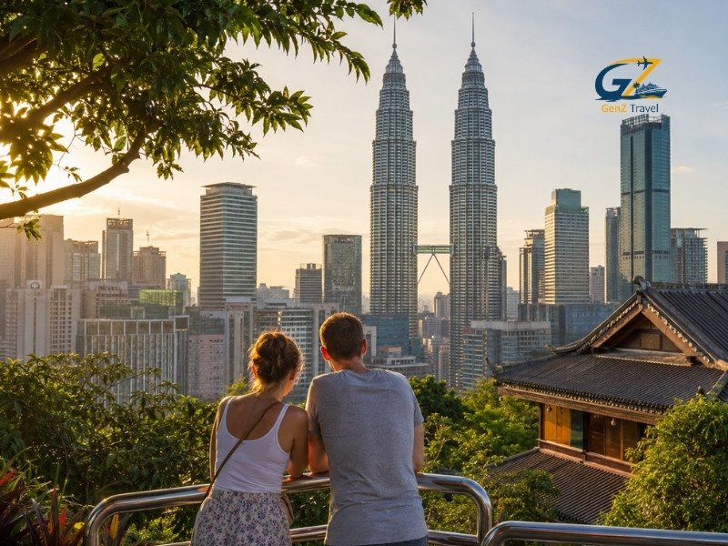 Things to do in Malaysia include enjoying sunset views of Kuala Lumpur’s Petronas Twin Towers from a scenic viewpoint.