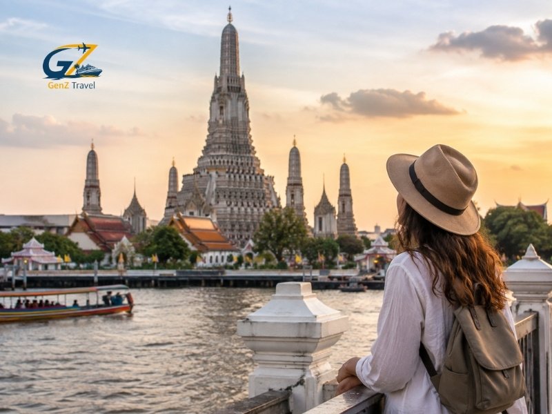 Things to do in Thailand – traveller enjoying a sunset view of Wat Arun beside the Chao Phraya River in Bangkok