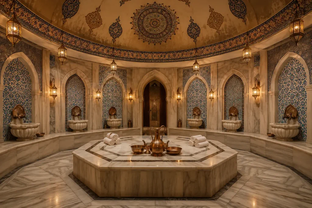Traditional Turkish hammam with marble basins, blue tiles and warm lantern lighting in Antalya.