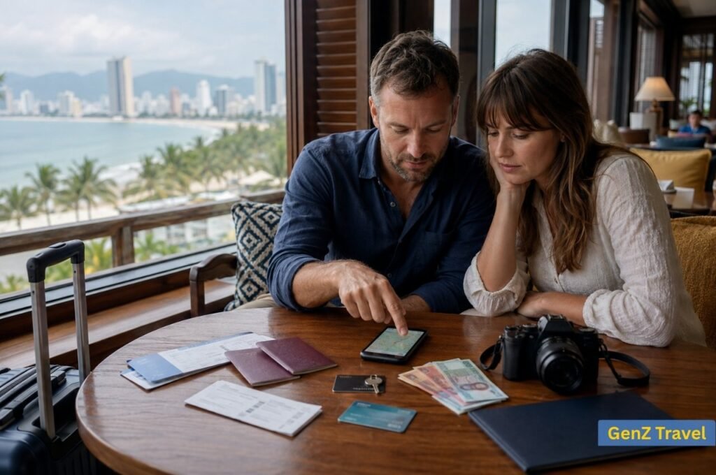 Couple calculating their Vietnam trip cost at a hotel overlooking Da Nang