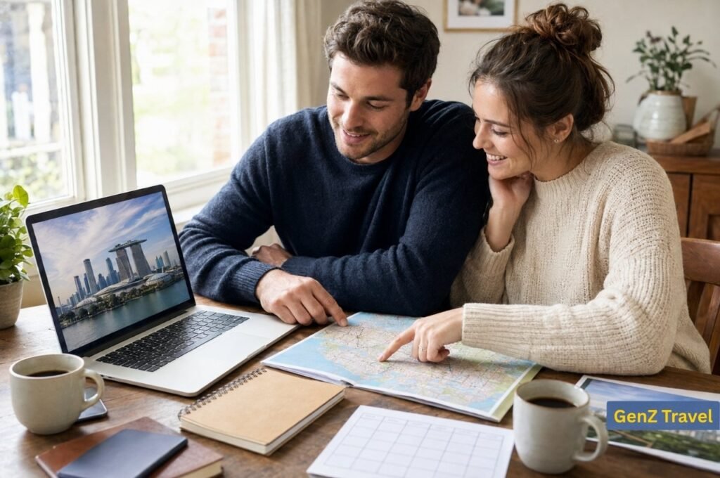 Couple planning a trip to Singapore at home using a laptop, map, notebooks and travel calendar.