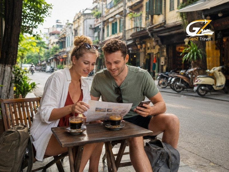 Couple planning their Vietnam trip cost at a street café in Hanoi Old Quarter