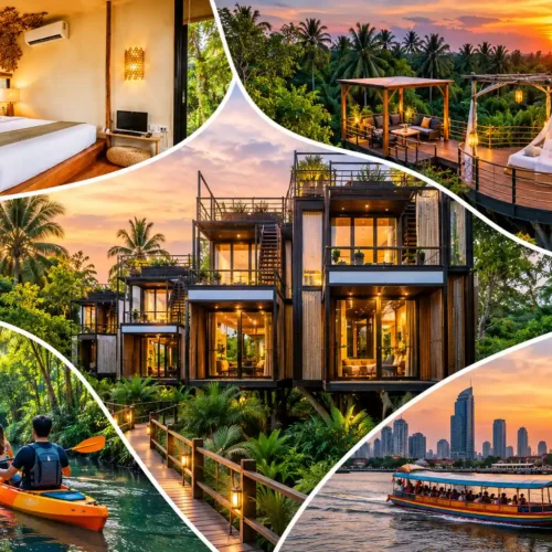 Bangkok treehouse holiday collage featuring an eco bedroom, treetop accommodation, tropical jungle and river boat