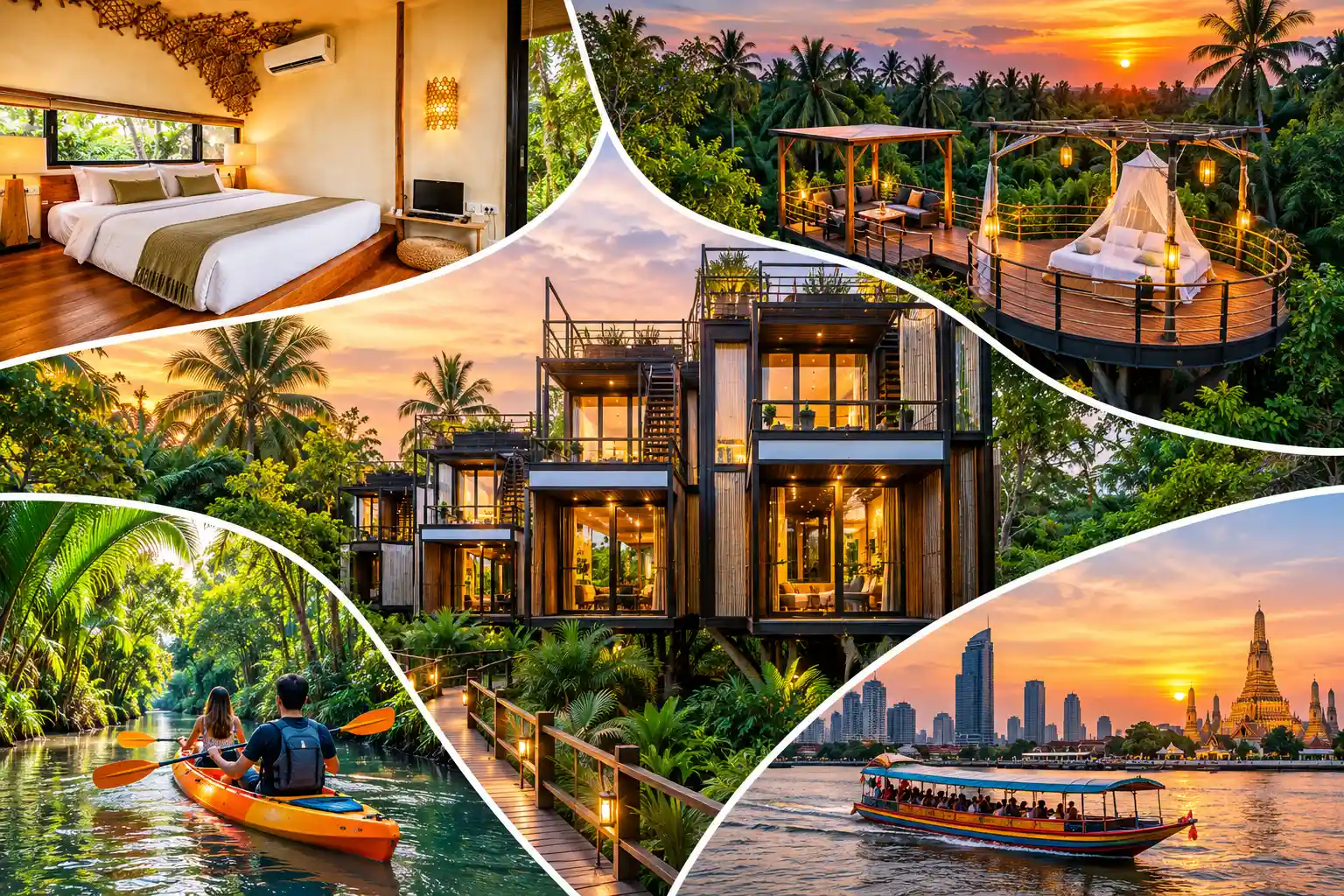 Bangkok treehouse holiday collage featuring an eco bedroom, treetop accommodation, tropical jungle and river boat
