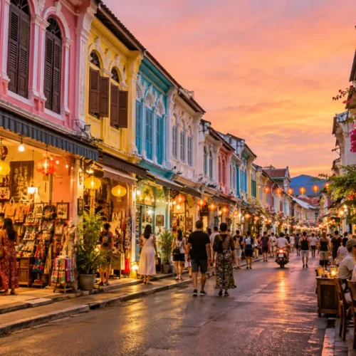 Colourful Sino-Portuguese buildings, lanterns, shops and visitors in Phuket Old Town during a vibrant sunset evening