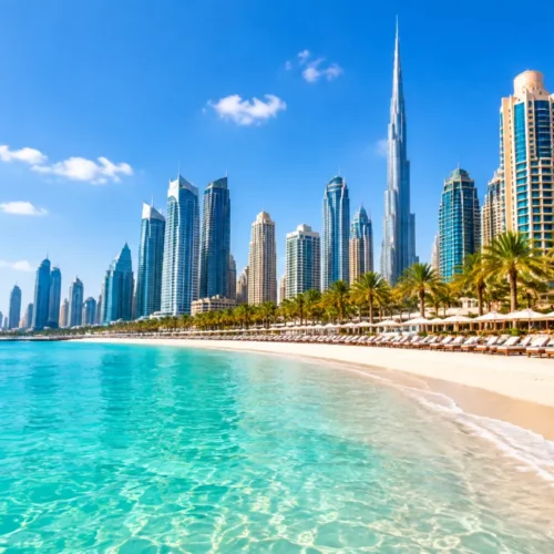 Experience Dubai Luxury Nights Dubai Downtown skyline at sunset with Burj Khalifa, waterfront restaurants, luxury dining terrace and illuminated city views