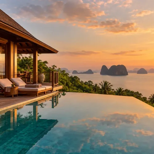 Luxury sea-view villa with infinity pool overlooking limestone islands and sunset in Koh Yao Yai, Thailand