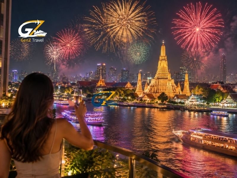 New Year celebration in Bangkok with fireworks over Chao Phraya River and Wat Arun temple viewed from a rooftop