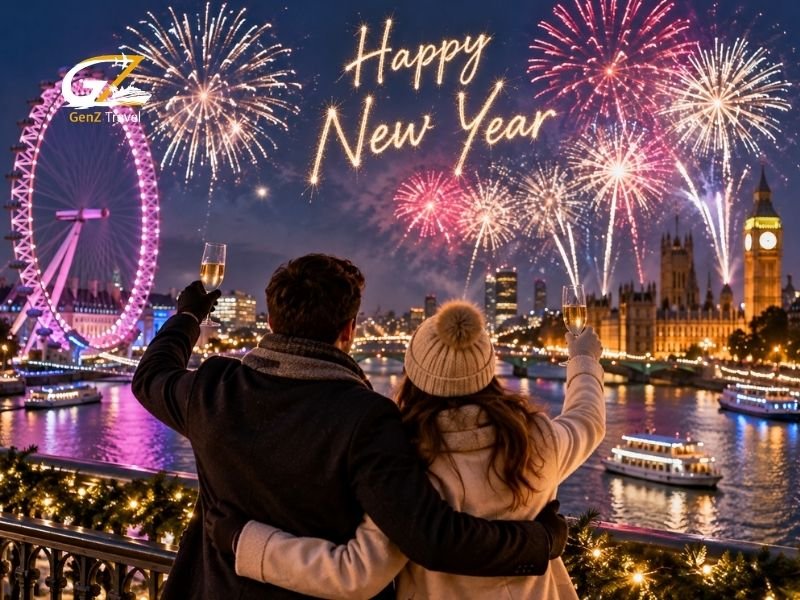 New Year holiday celebration with fireworks, London skyline and couples enjoying the countdown