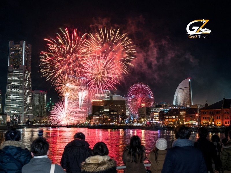 Crowds watch colourful fireworks over Yokohama’s waterfront during New Year in Japan.