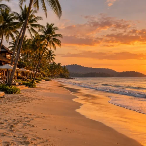 Tropical beachfront resort in Khao Lak with palm trees, golden sandy beach and beautiful sunset over the Andaman Sea