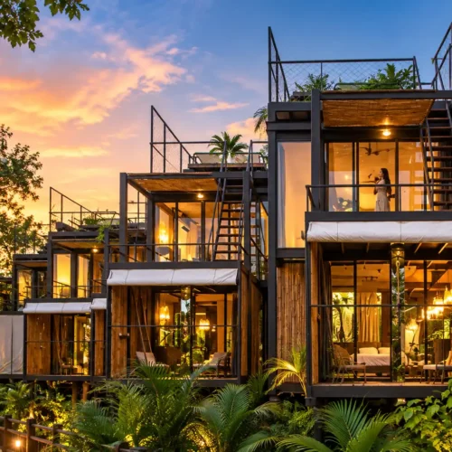 Modern eco treehouse accommodation surrounded by lush tropical greenery in Bangkok