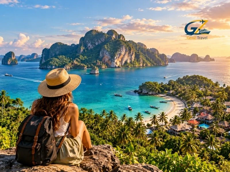 Thailand Hidden Gems with a traveller overlooking tropical islands, beaches and turquoise water