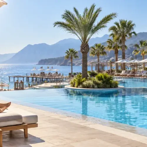 Antalya resort with infinity pool, palm trees and Mediterranean sea view