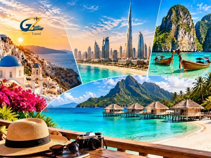 Best winter holiday destinations featuring Maldives beaches, Dubai skyline, Thailand islands, and Mediterranean coastal escapes for a warm winter getaway