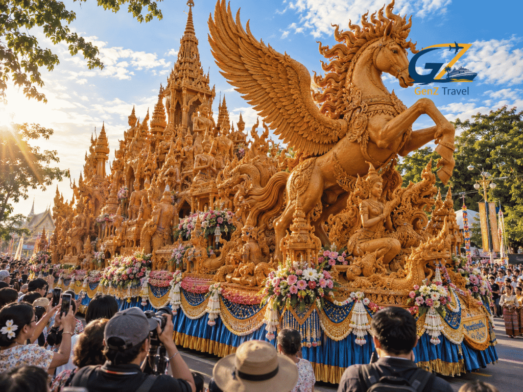 Golden wax float shaped like a winged horse and Thai temple spires, decorated with flower garlands, carried through a crowded street Festival in Thailand.