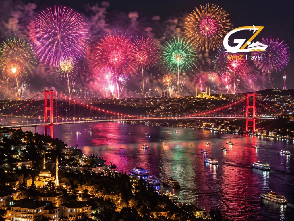 Istanbul New Year celebration with colourful fireworks over the Bosphorus Bridge and city skyline at night