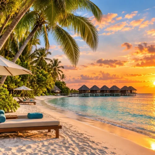 Tropical Maldives beach with palm trees, sun loungers, turquoise sea and overwater villas at sunset