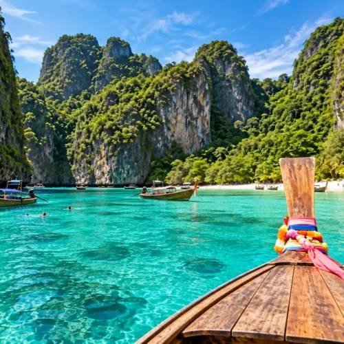 Beautiful Phuket beach with turquoise water, traditional longtail boats, palm trees and dramatic limestone mountains