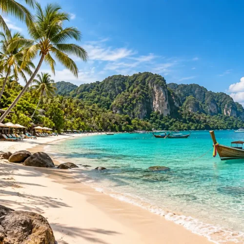 Traditional Thai longtail boat cruising through turquoise water surrounded by limestone cliffs and a tropical beach at Phi Phi Island