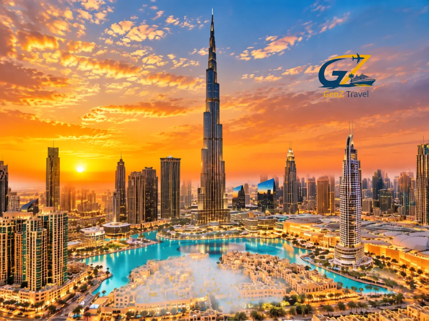 Aerial view of the best places to visit in Dubai featuring Burj Khalifa and Downtown Dubai skyline at sunset