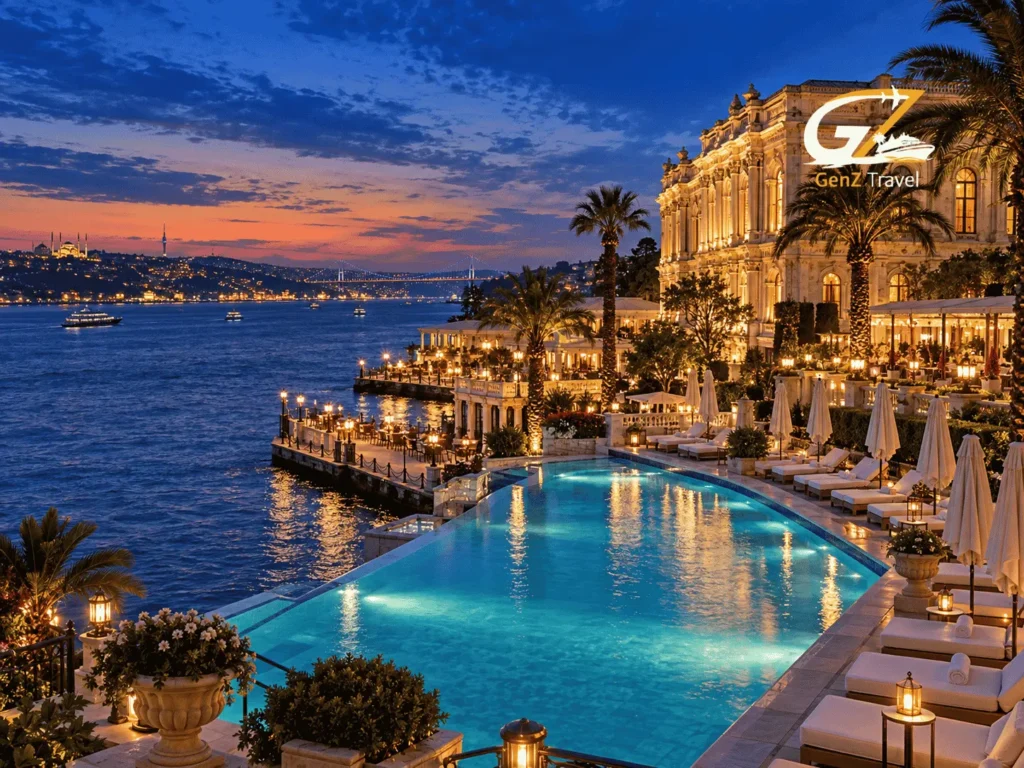 Luxury waterfront resort in Istanbul with an illuminated infinity pool, palace-style building and Bosphorus views at dusk