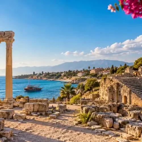 Ancient Roman ruins of Side near Antalya with historic columns and Mediterranean sea backdrop