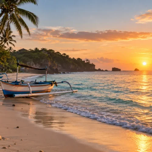 Golden sunset over a Bali beach with traditional fishing boats, gentle ocean waves and palm trees along the shoreline.