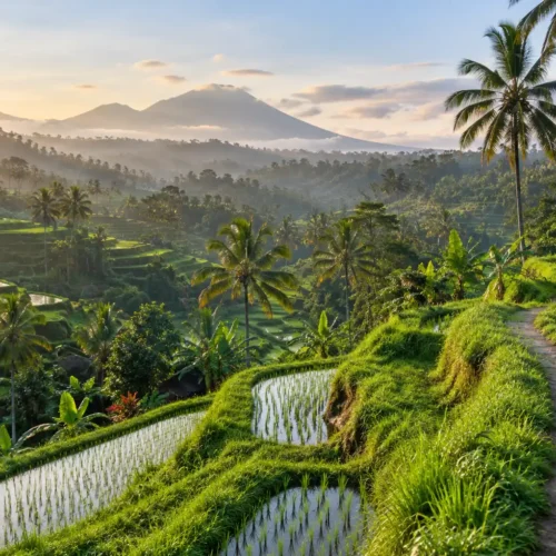 Lush green rice terraces in Bali surrounded by tropical palm trees, a winding walking path and distant mountains at sunrise.