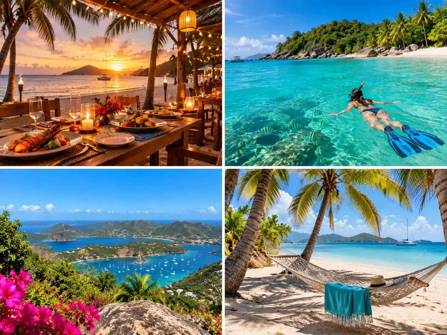 Caribbean holiday collage showing a sunset beach dinner, turquoise snorkelling waters, panoramic island views and a hammock beneath palm trees.
