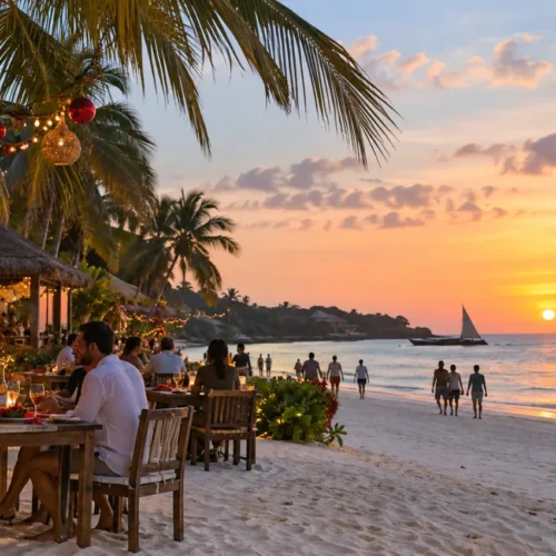 3 Christmas Beach Dinner in Zanzibar Christmas in Zanzibar with festive beachside dining, decorated Christmas trees, tropical palm trees and a beautiful Indian Ocean sunset.