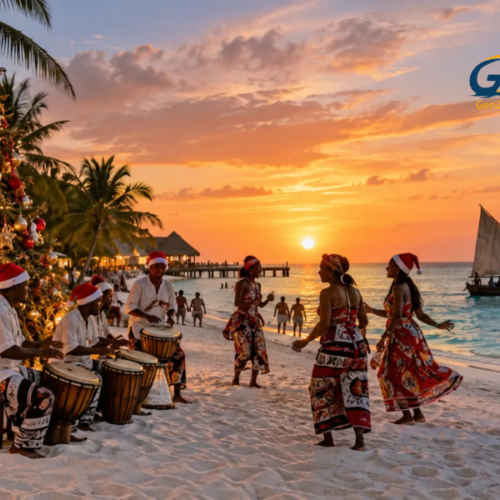 Christmas Celebrations in Zanzibar Christmas celebrations on Zanzibar beach with local drummers, traditional dancers, festive decorations and a stunning sunset over the ocean.