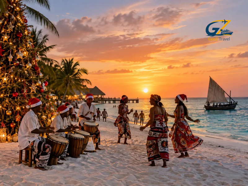 Christmas Celebrations in Zanzibar Christmas celebrations on Zanzibar beach with local drummers, traditional dancers, festive decorations and a stunning sunset over the ocean.