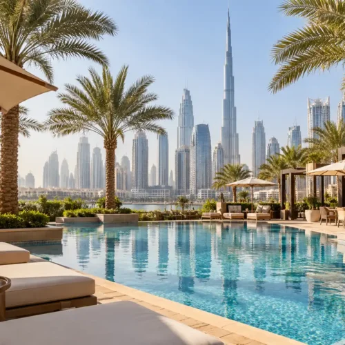 Luxury Dubai hotel swimming pool with palm trees, sun loungers and the Burj Khalifa skyline in the background