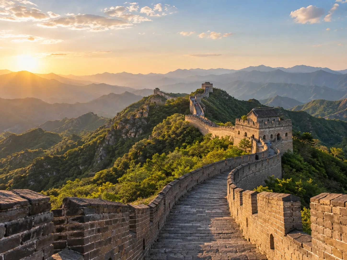 Great Wall of China winding across green mountain ridges with historic watchtowers and beautiful golden sunlight at sunset.
