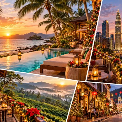 Malaysia Christmas and New Year holidays package featuring a tropical beach resort, Kuala Lumpur Petronas Twin Towers, Cameron Highlands tea plantations and festive Penang streets.