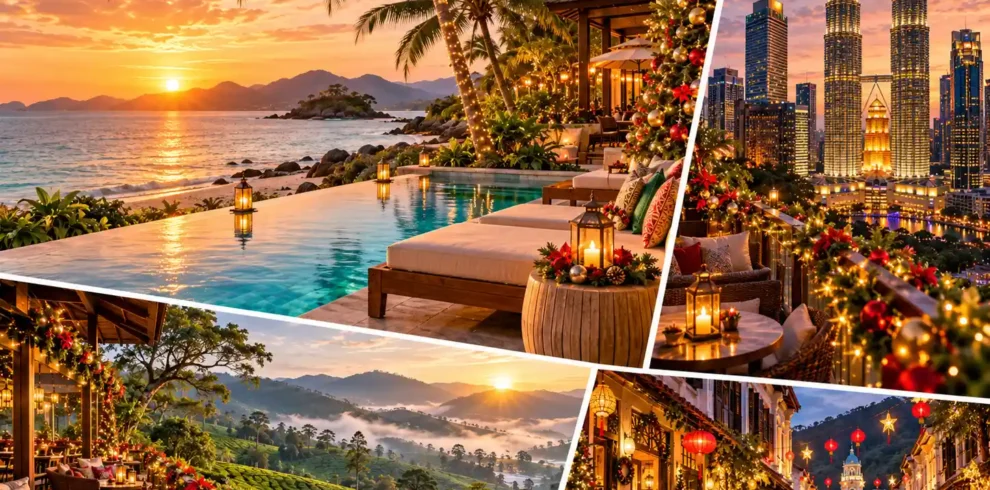 Malaysia Christmas and New Year holidays package featuring a tropical beach resort, Kuala Lumpur Petronas Twin Towers, Cameron Highlands tea plantations and festive Penang streets.